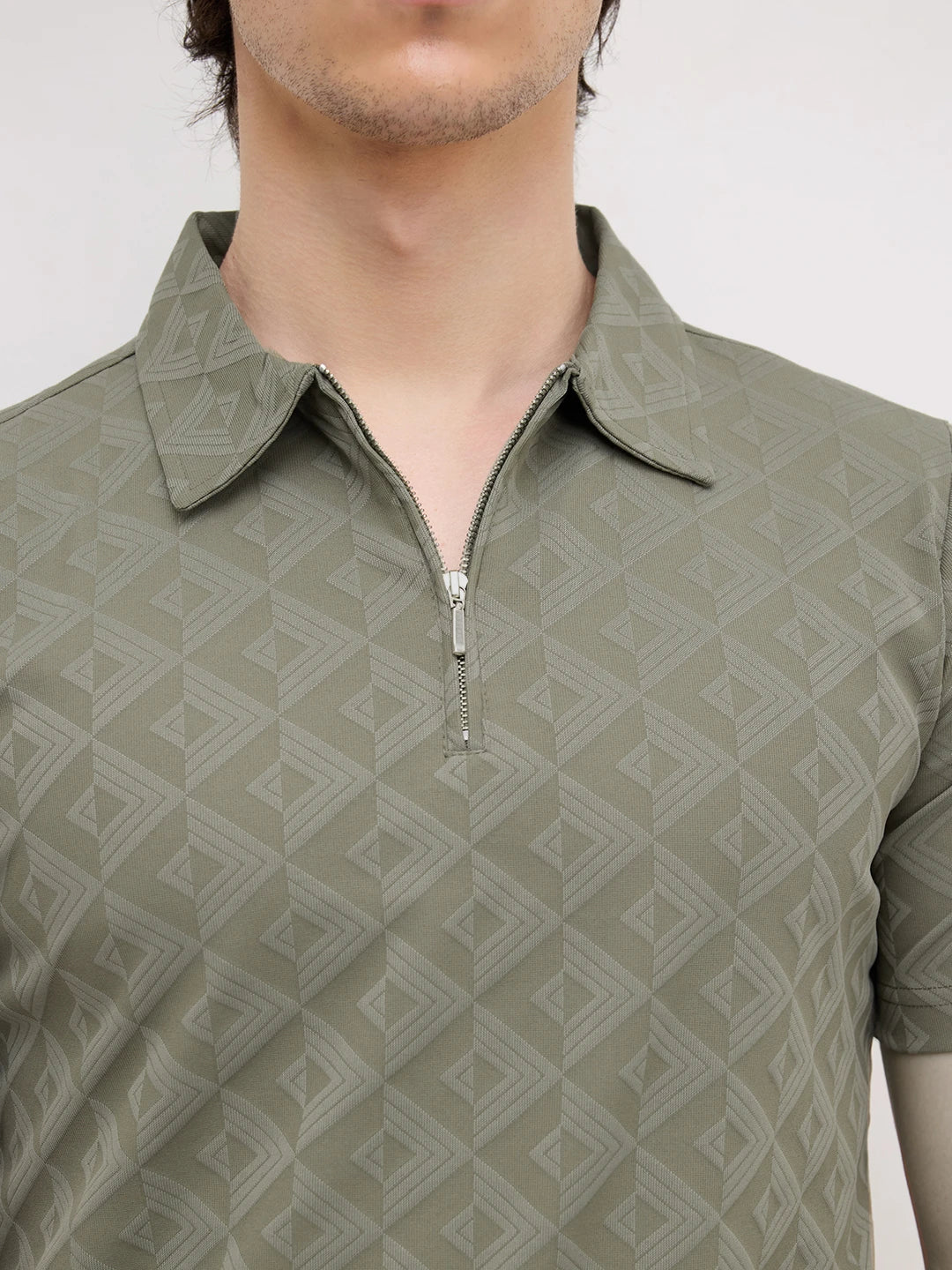 Olive Mist Diamond Embossed Zip Polo Tee