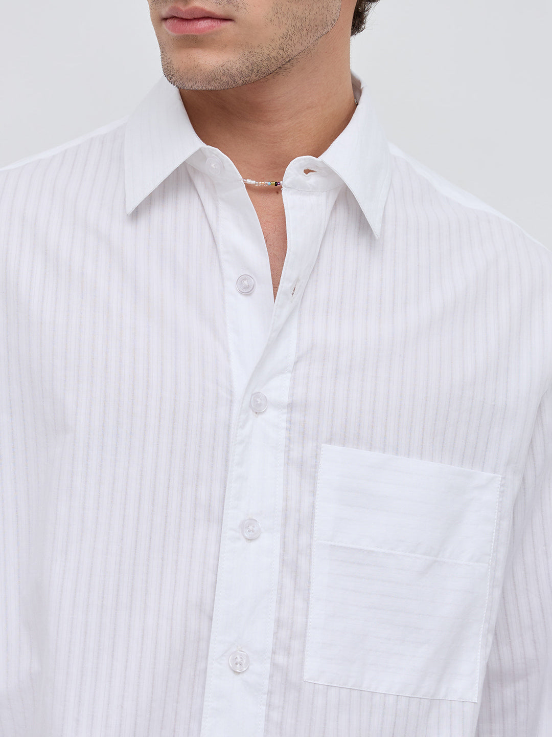 White Mist Sheer Stripe Boxy Crop Shirt