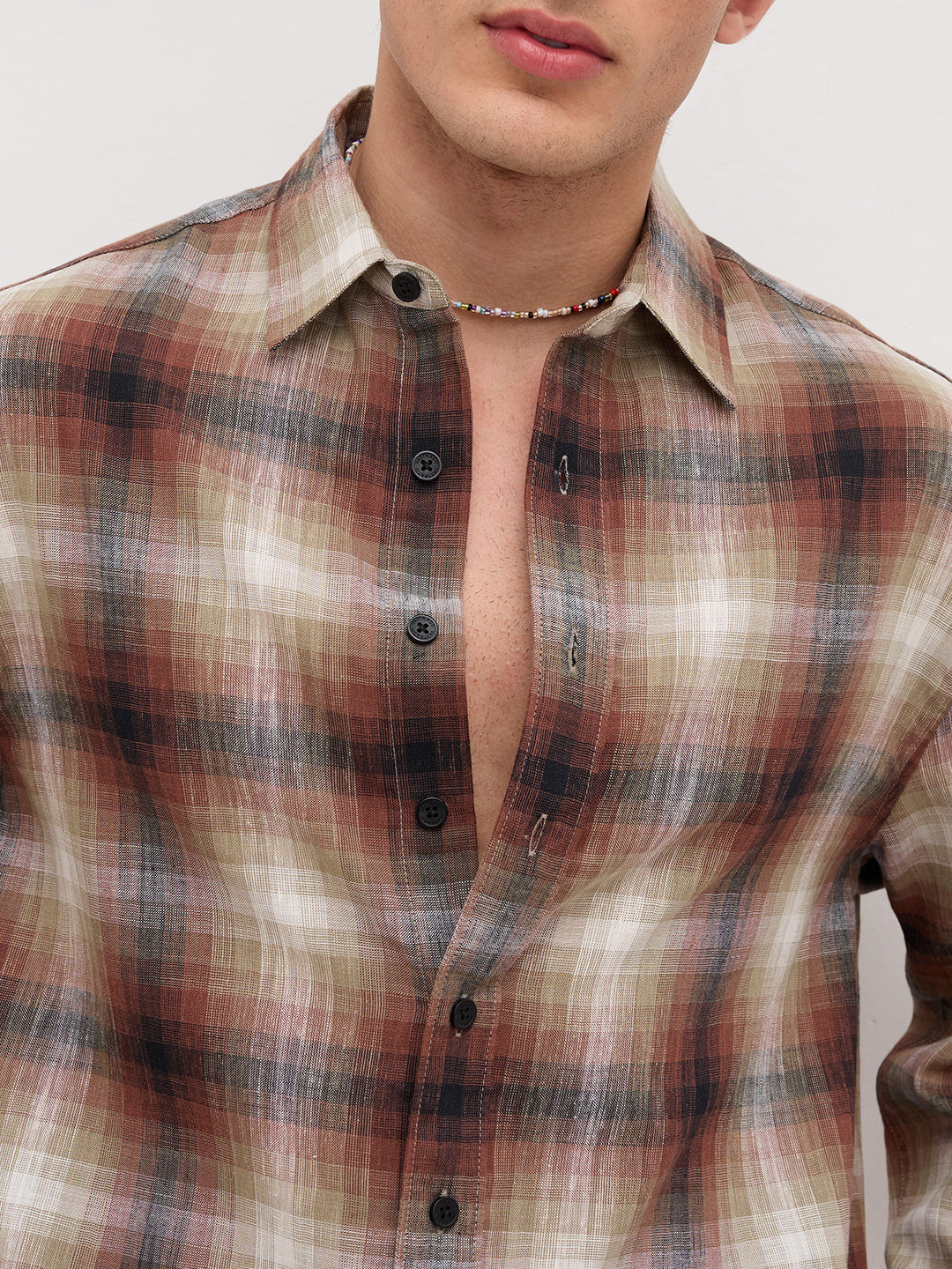 Brown & White Plaid Checks Boxy Fit Crop Shirt