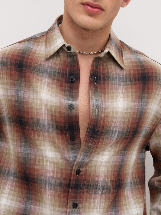 Brown & White Plaid Checks Boxy Fit Crop Shirt