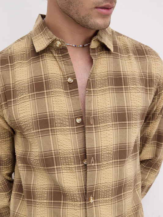 Brown Seersucker Checkered Shirt