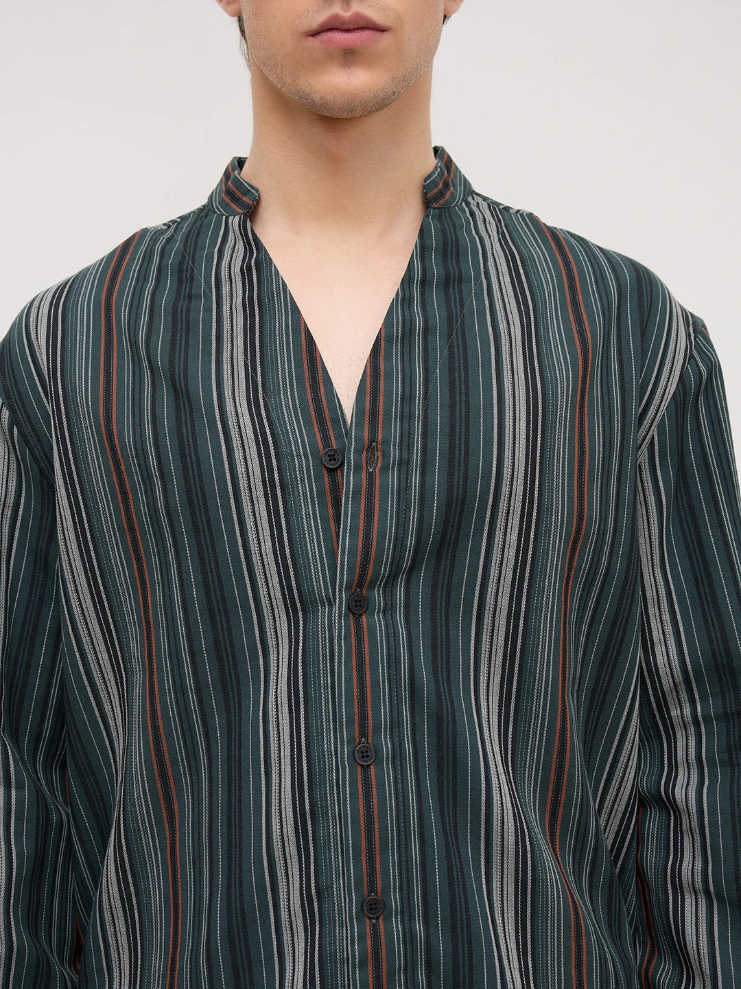 Evergreen Multi-Striped Stand Collar Oversized Shirt