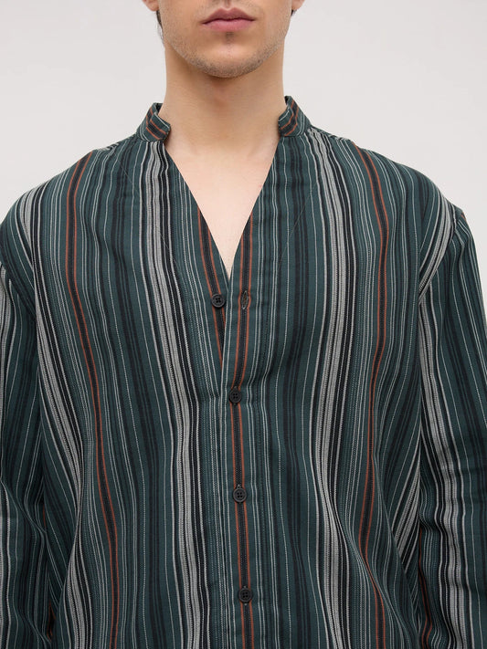 Evergreen Multi-Striped Stand Collar Oversized Shirt