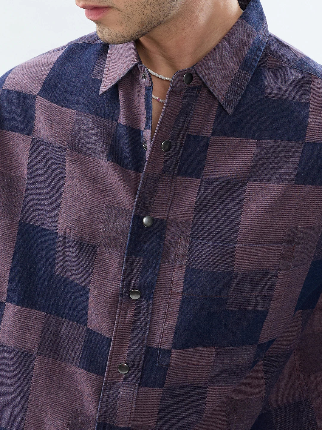 Premium Brown Acid Wash Denim Checks Boxy Fit Crop Shirt