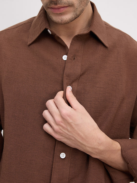 Plush Chocolate Brown Sheer Weave Boxy Fit Crop Shirt