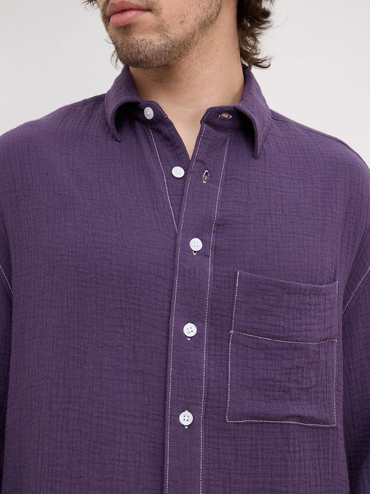 Aubergine Purple Contrast Stitch Double Cloth Boxy Fit Crop Shirt
