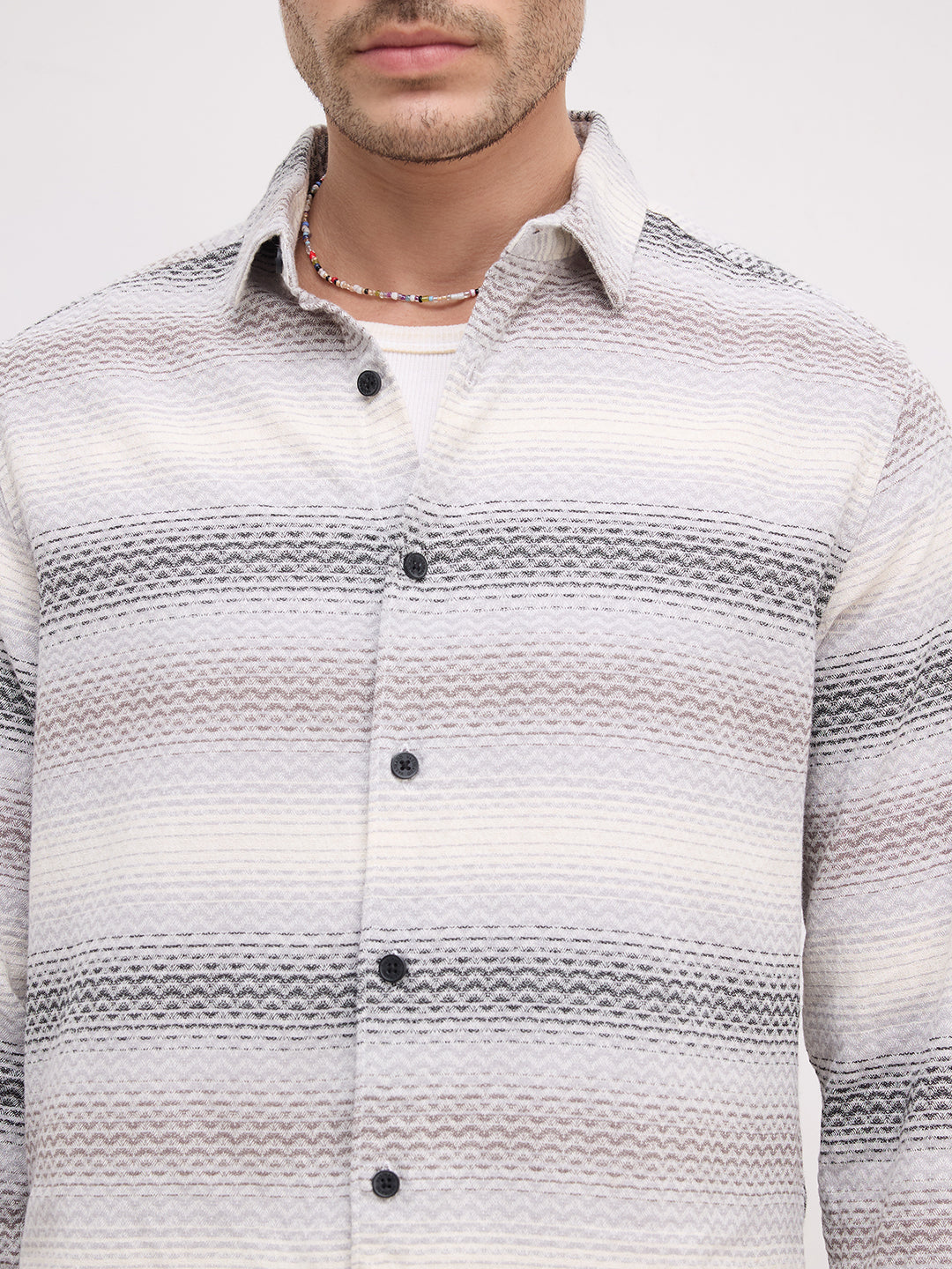 Grey Jacquard Wave Pattern Striped Shirt