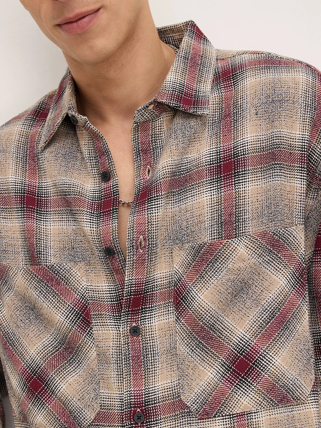 Maroon & Beige Twill Checks Boxy Fit Twin Pocket Crop Shirt