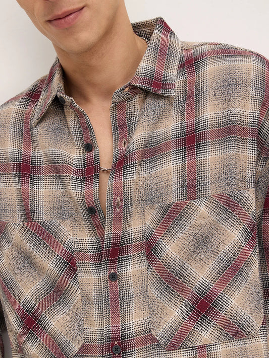 Maroon & Beige Twill Checks Boxy Fit Twin Pocket Crop Shirt