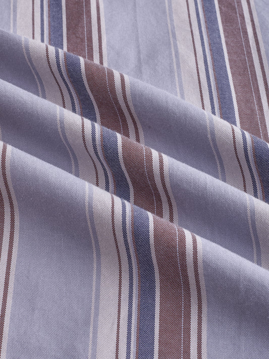 Blue & Brown Bold Stripes Stand Collar Oversized Shirt