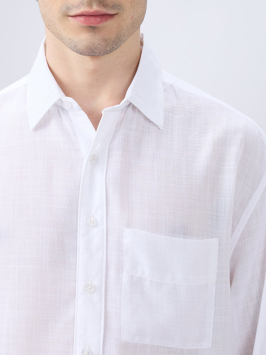 Pearl White Subtle Textured Boxy Fit Crop Shirt