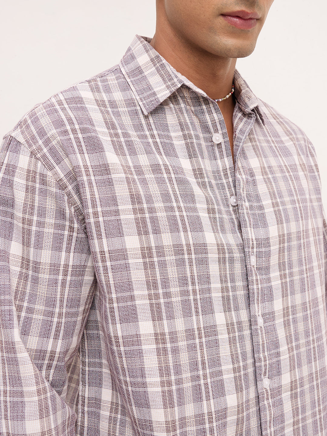 Ivory & Maroon Dual Line Checks Boxy Fit Crop Shirt