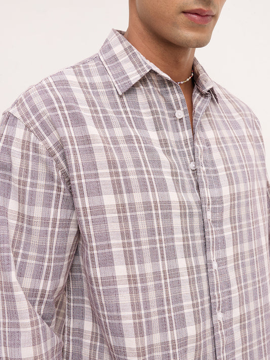 Ivory & Maroon Dual Line Checks Boxy Fit Crop Shirt