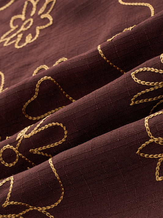 Brown Slub Textured Floral Contrast Embroidered Shirt