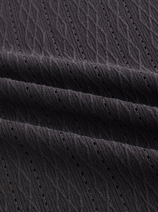 Dark Grey Textured Crochet Polo Oversized Shirt