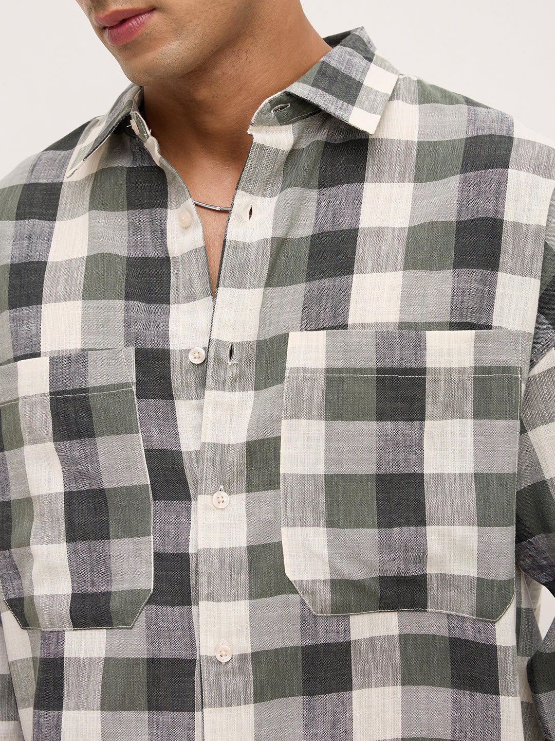 Distinguished Olive Block Checks Twin Pocket Boxy Fit Crop Shirt