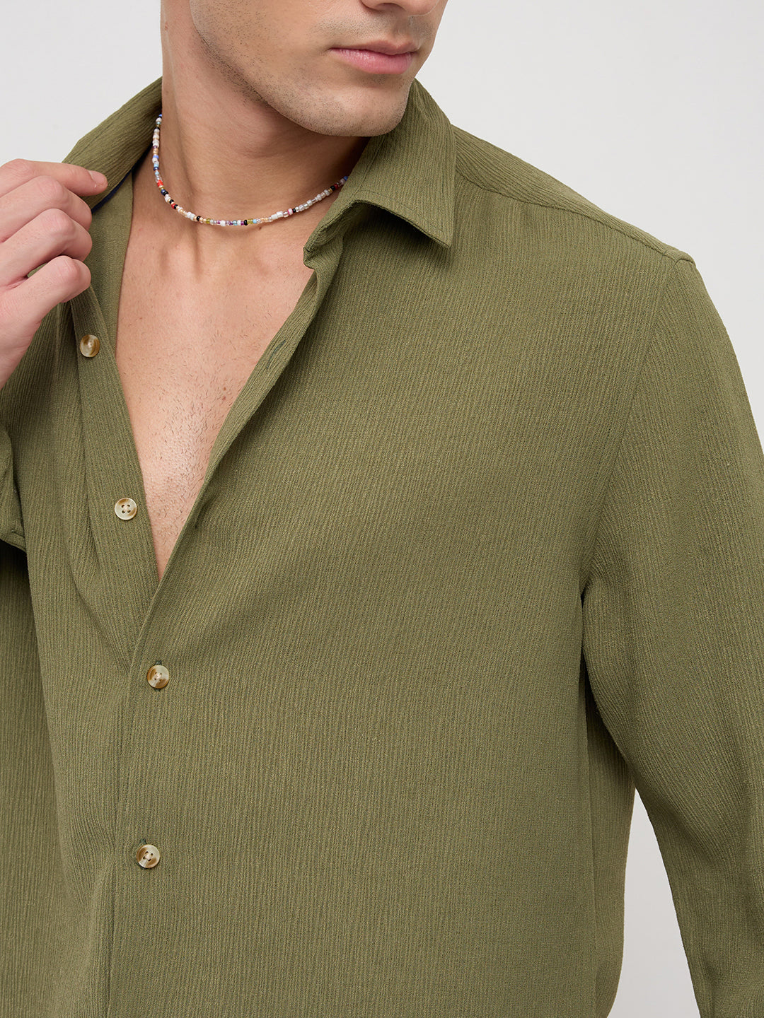 Crushed Olive Textured Crepe Shirt