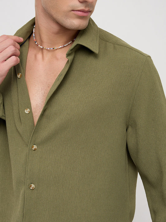 Crushed Olive Textured Crepe Shirt