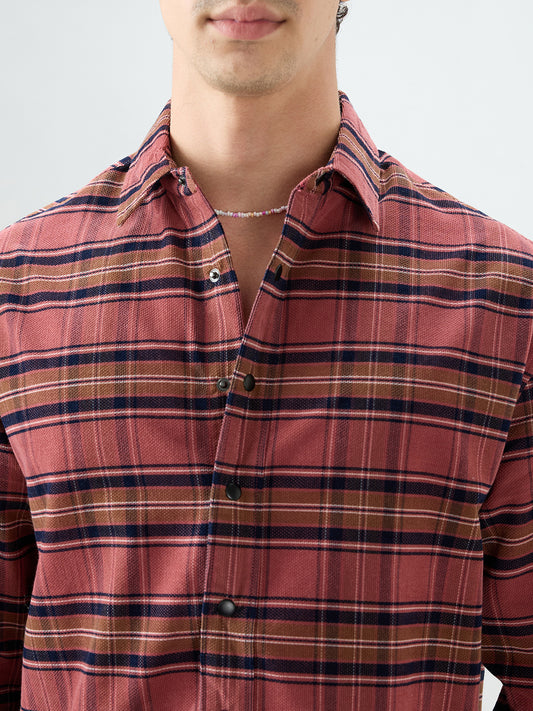 Rosewood Plaid Checks Boxy Fit Crop Cord Shirt