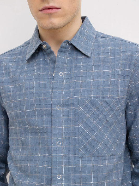 Blue Loomscape Checks Straight Hem Crop Shirt
