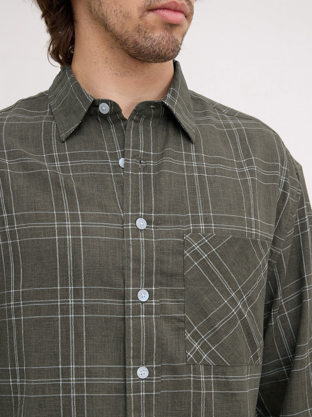 Earthy Olive Contrast Windowpane Checks Boxy Fit Crop Shirt