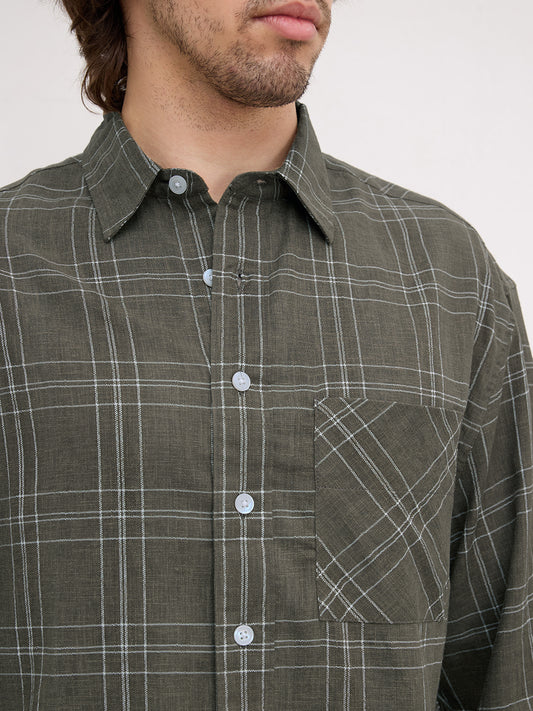 Earthy Olive Contrast Windowpane Checks Boxy Fit Crop Shirt