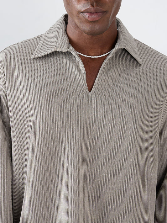 Steel Grey Refined Textured Knitted  Oversized Polo Shirt