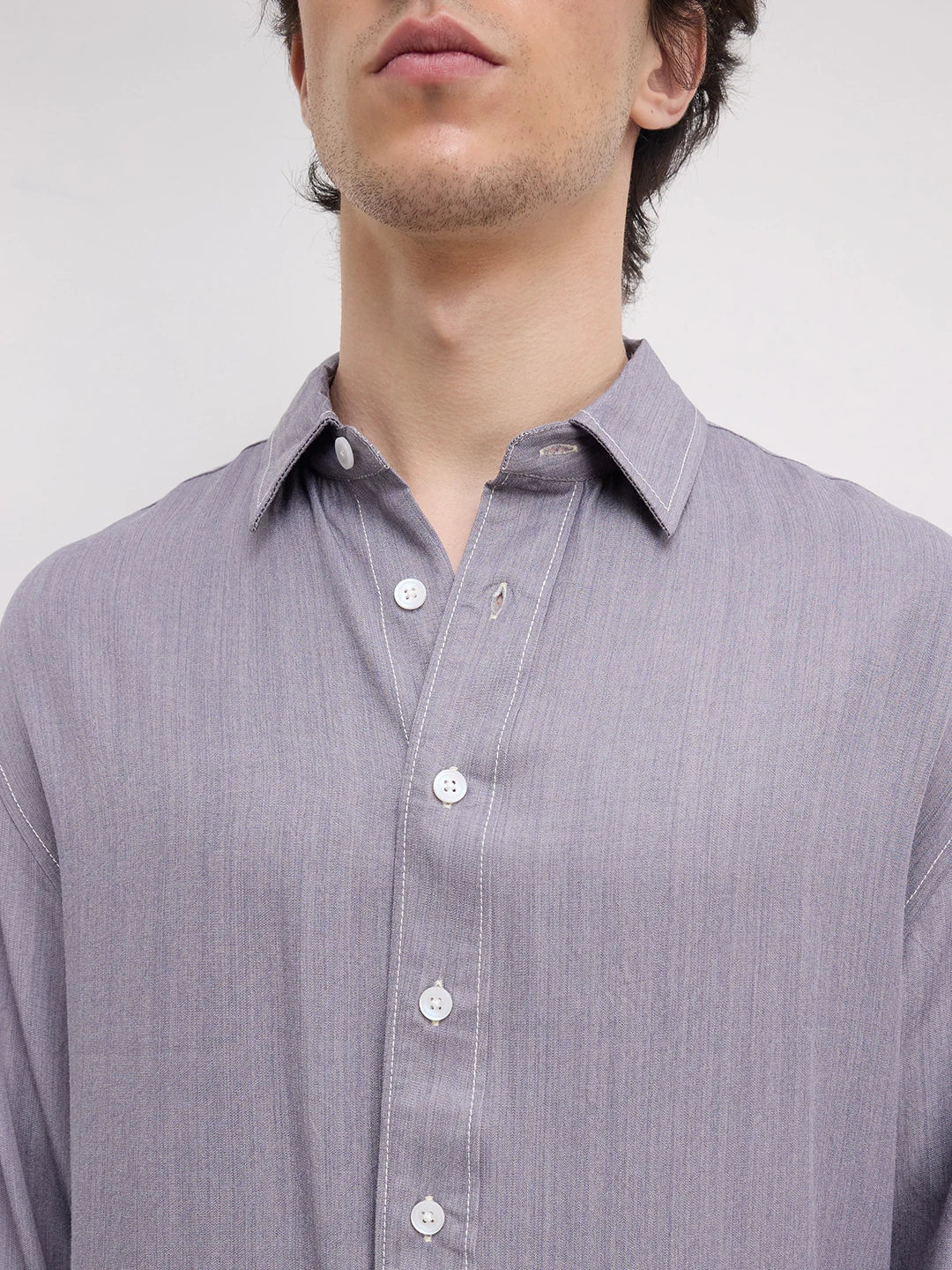 Rich Graphite Grey Softgrain Weave Boxy Fit Crop Shirt