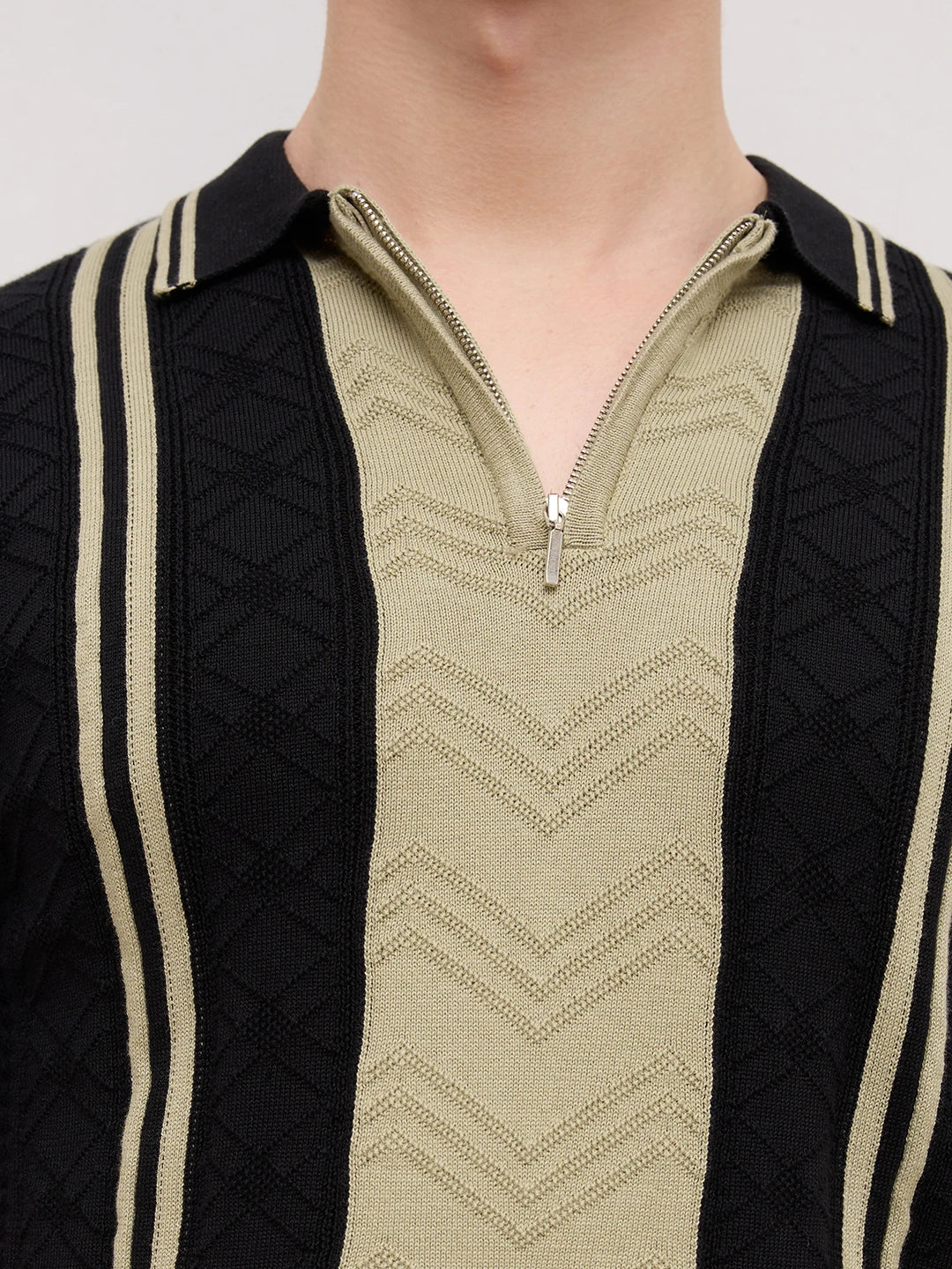 Sage Chevron Panel Zip Flat Knit Polo T-Shirt