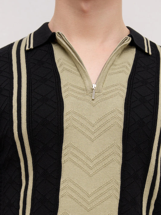 Sage Chevron Panel Zip Flat Knit Polo T-Shirt