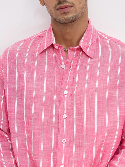 Romantic Rose Pink Striped Boxy Fit Crop Shirt