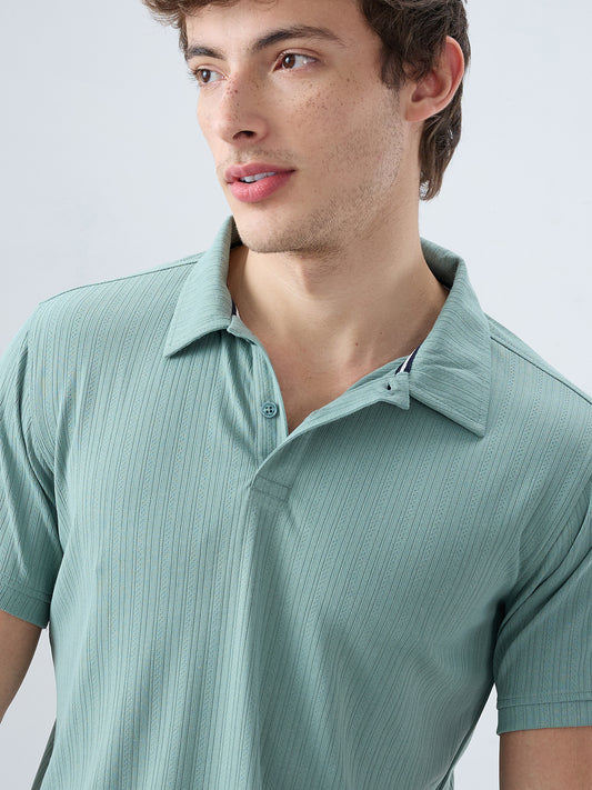 Refined Jungle Green Hairline Striped Polo Knit T-Shirt