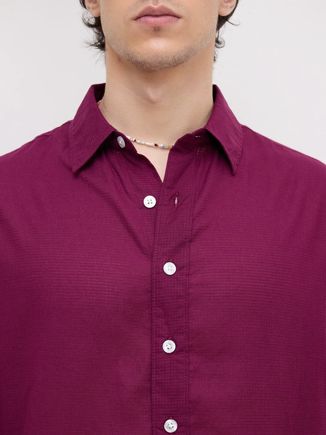 Luxe Maroon Micro Square Textured Boxy Fit Crop Shirt