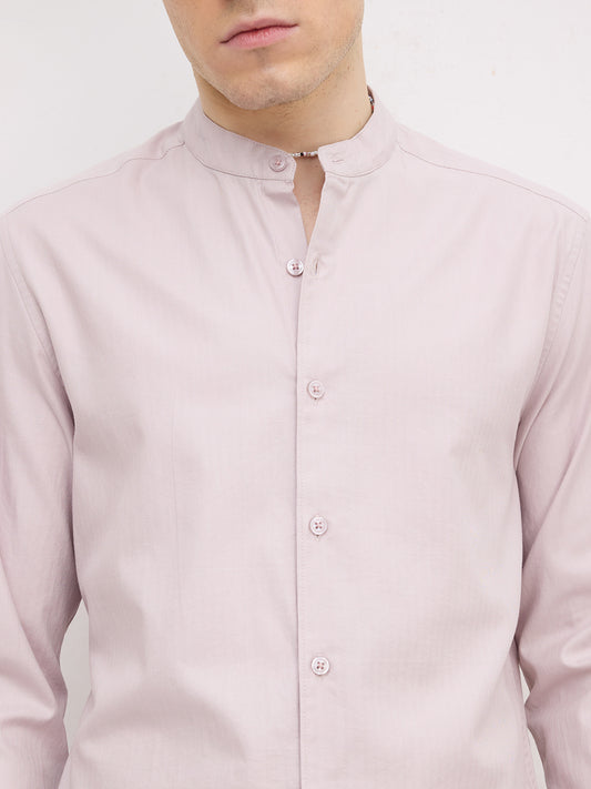 Cosmic Latte Beige Herringbone Textured Mandarin Shirt