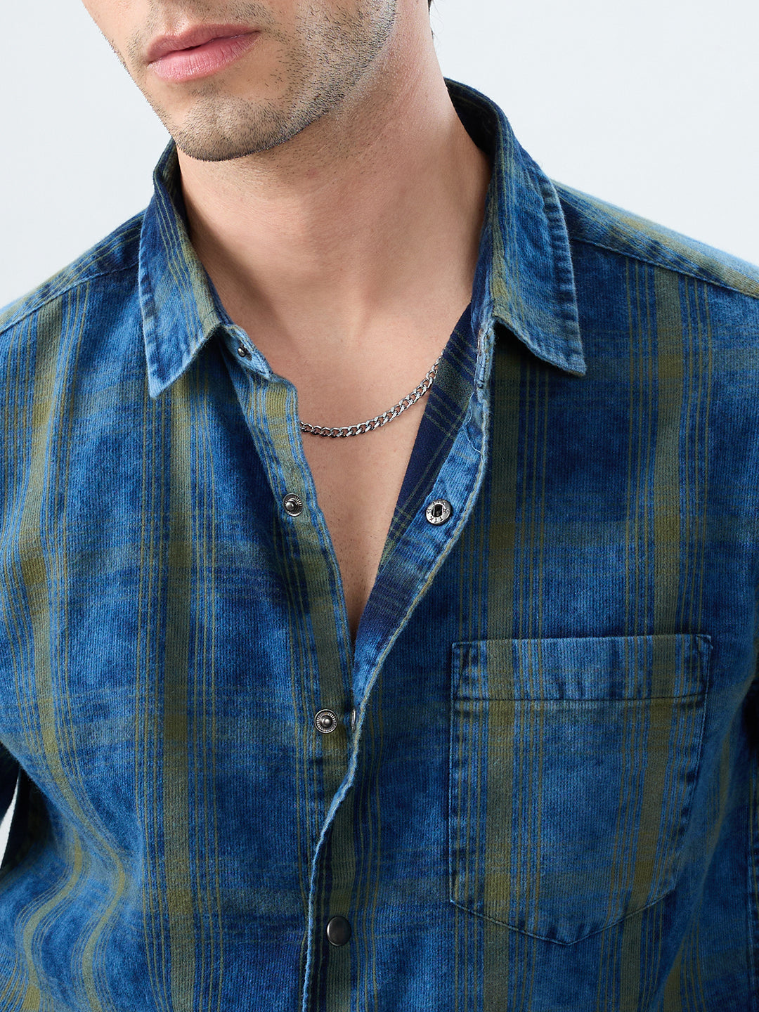 Versatile Navy & Green Denim Plaid Checks Shirt