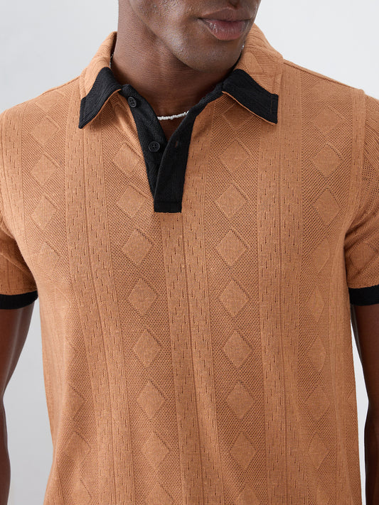 Warm Brown Diamond Weave Contrast Polo Knit T-shirt