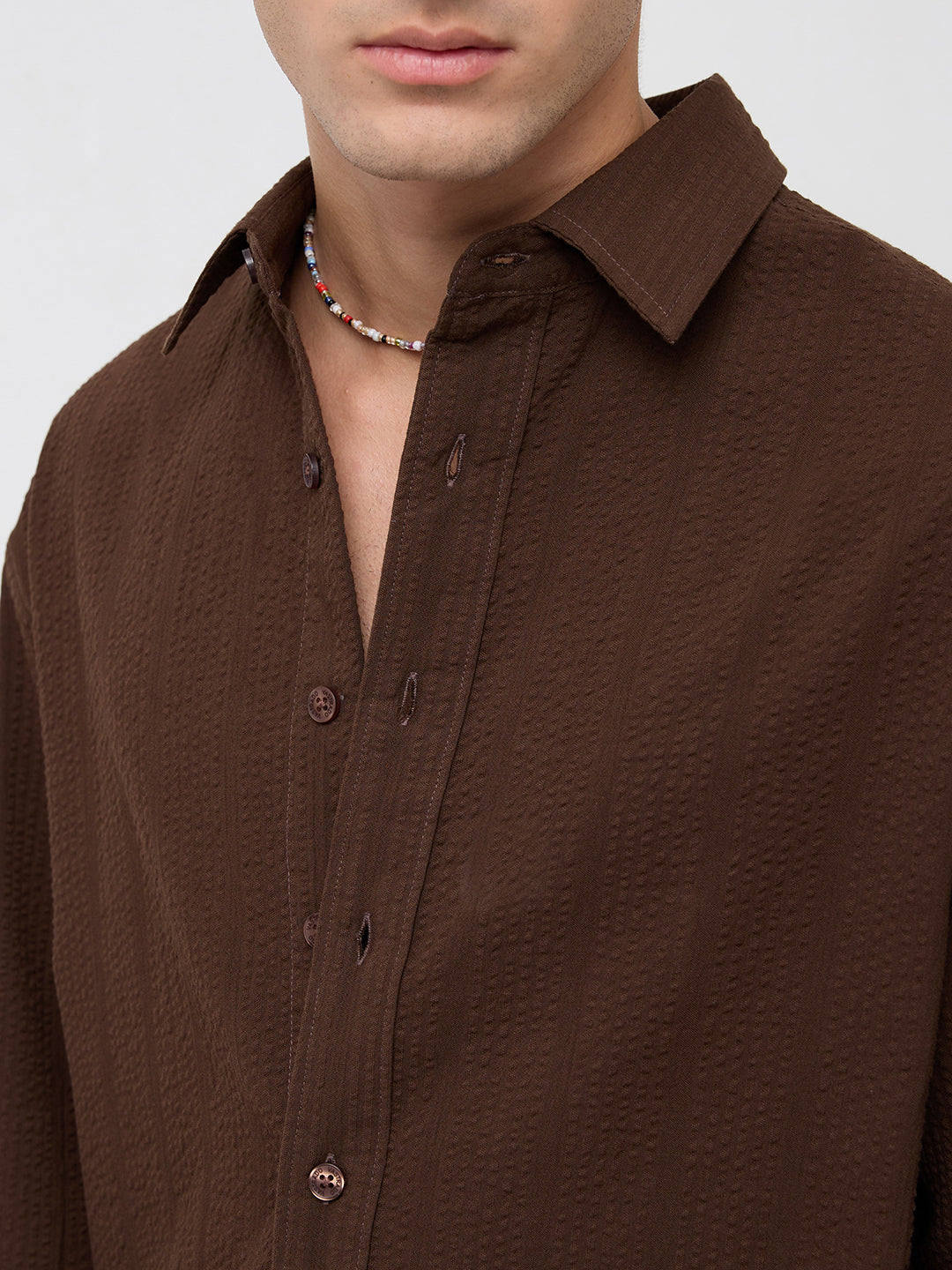 Espresso Brown Seersucker Boxy Fit Crop Shirt