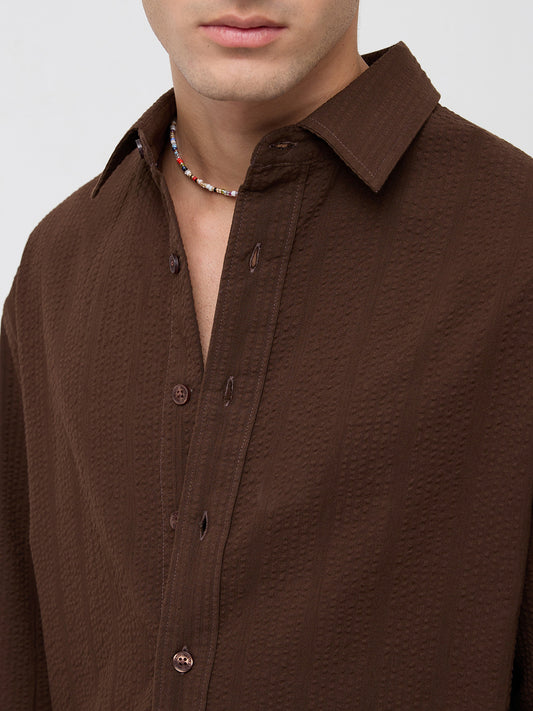Espresso Brown Seersucker Boxy Fit Crop Shirt