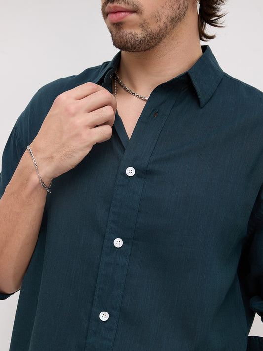 Emerald Green Fine Textured Boxy Fit Crop Shirt