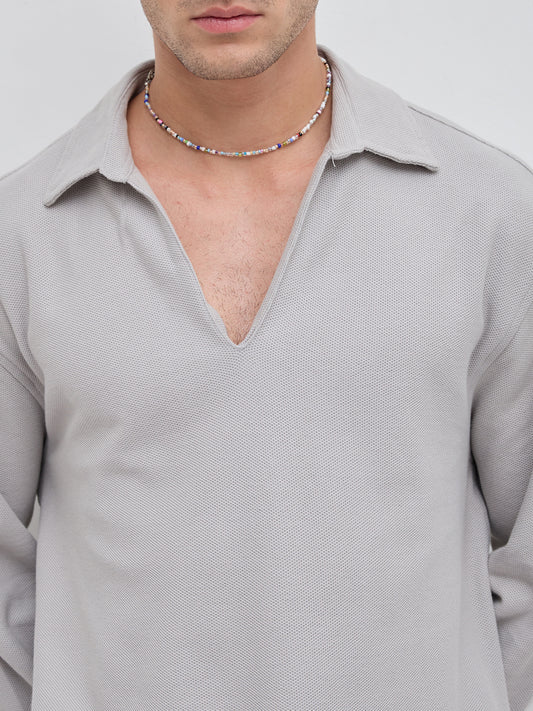 Grey Honeycomb Textured Knitted Oversized Polo Shirt