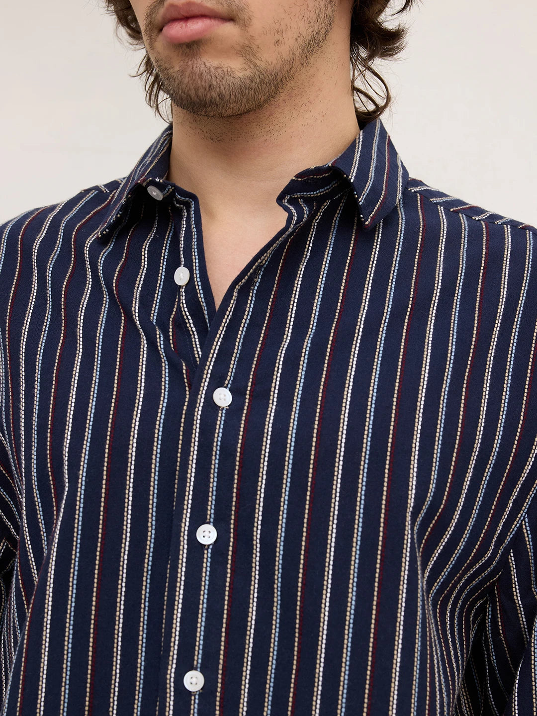 Navy Dual Embroidered Striped Cuffless Oversized Shirt