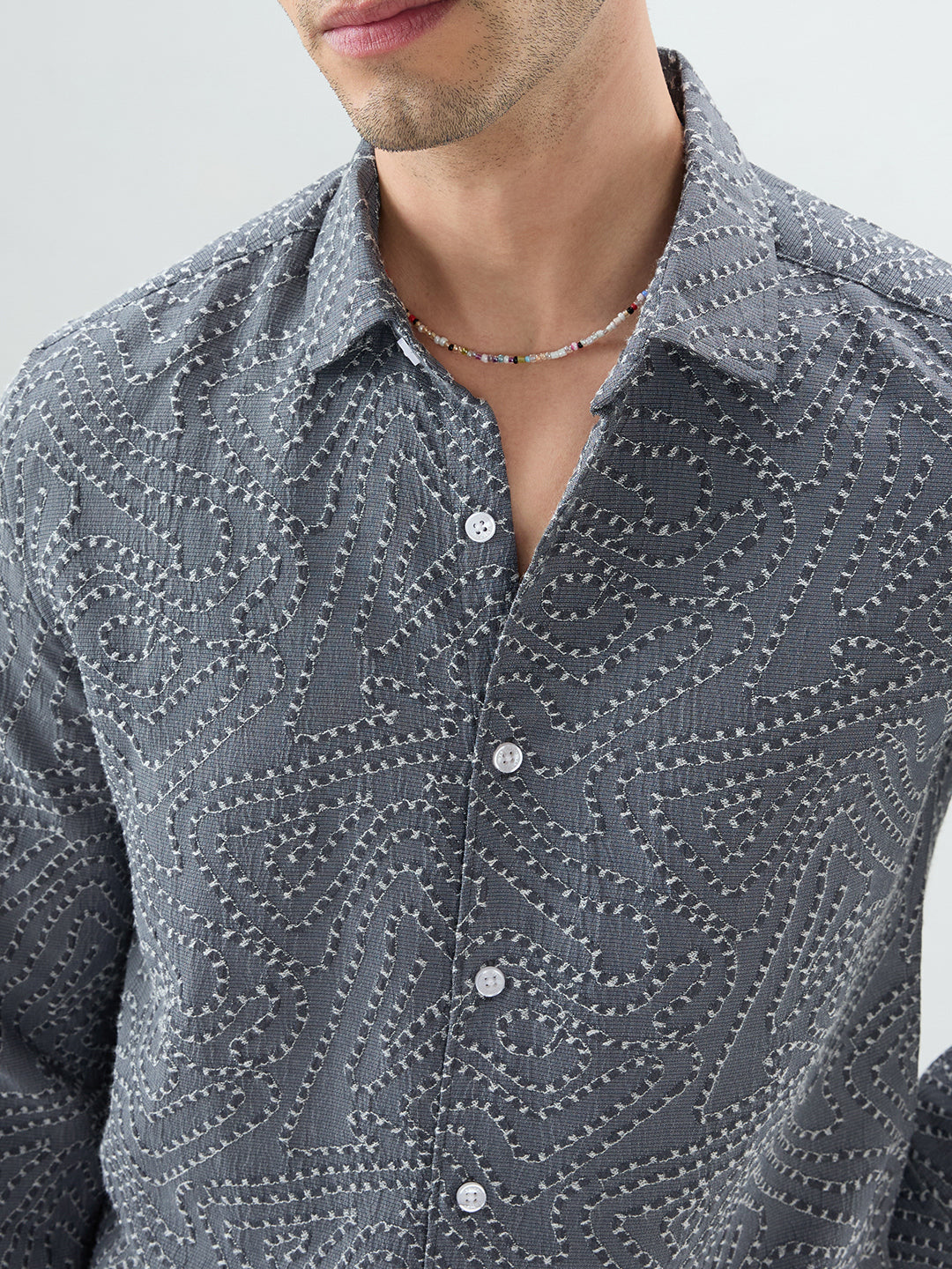 Ornate Charcoal Grey Ornamental Raised Stitch Shirt