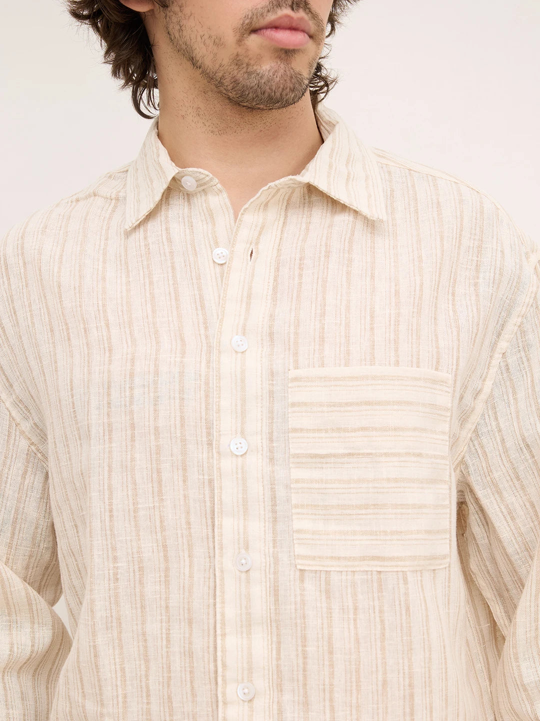 Off White Beige and Brown Striped Boxy Fit Crop Shirt