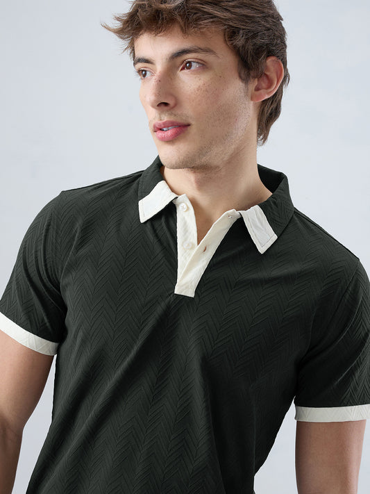 Olive Chevron Contrast Polo Neck Knit T-shirt
