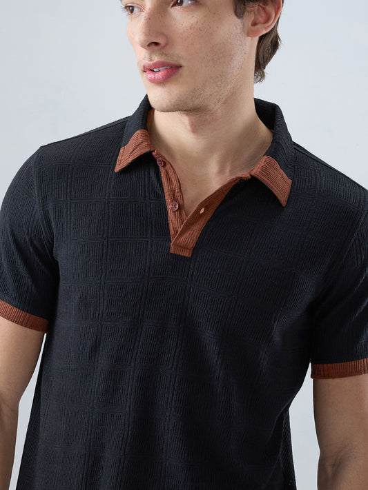 Matte Black Contrast Polo Neck Knit T-shirt