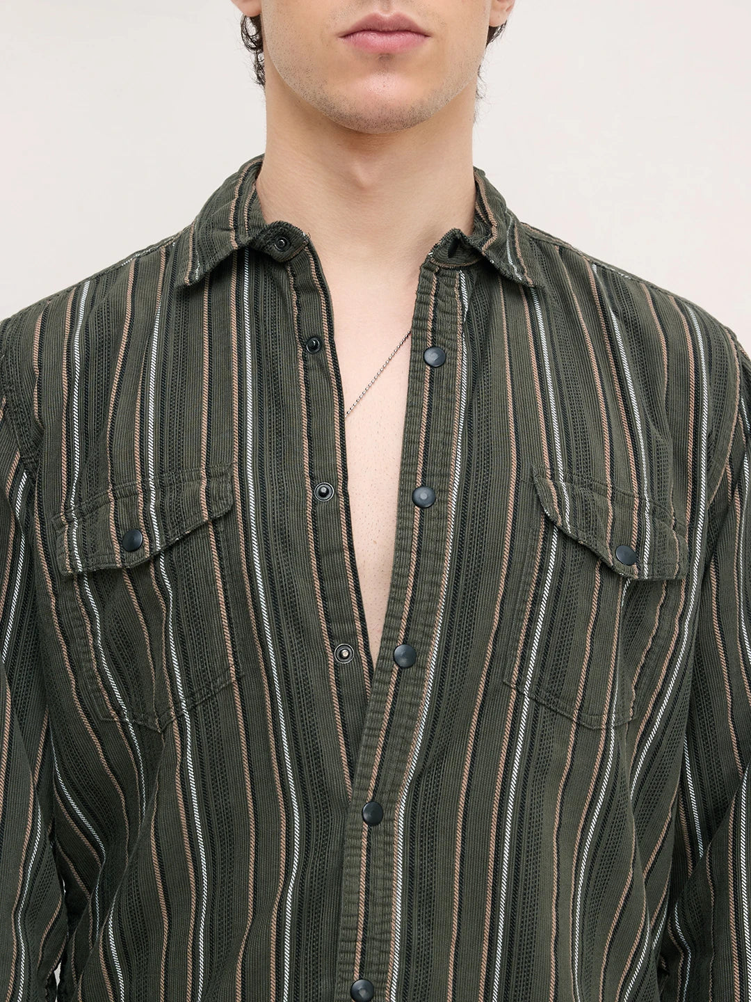 Forest Vibe Multi-Stripe Olive Twin Pocket Corduroy Shirt