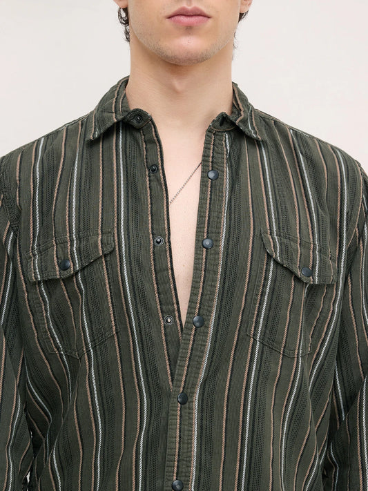 Forest Vibe Multi-Stripe Olive Twin Pocket Corduroy Shirt