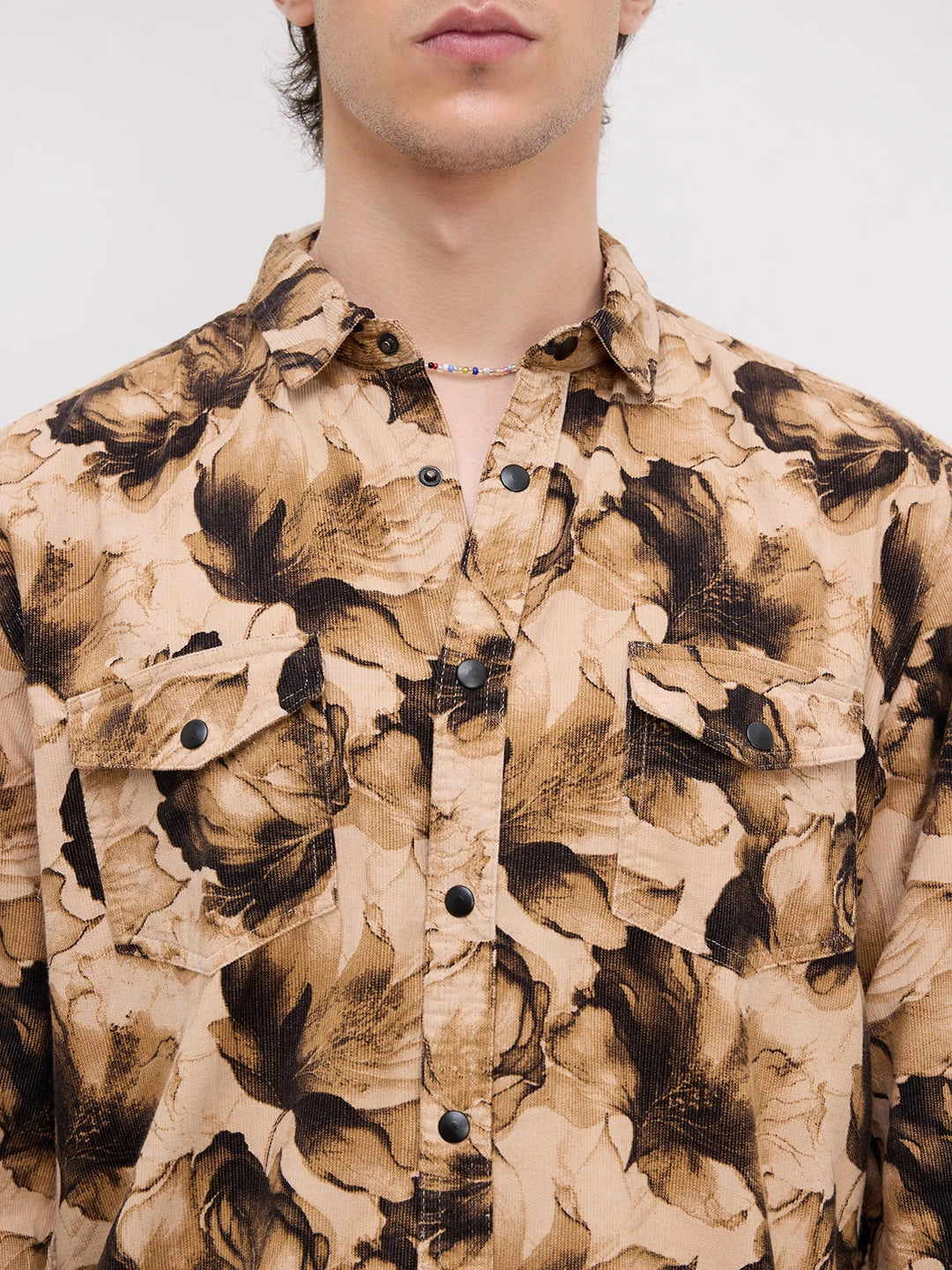 Rustic Beige Botanical Printed Double Pocket Corduroy Shirt