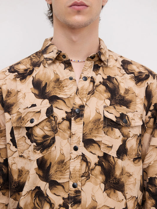 Rustic Beige Botanical Printed Double Pocket Corduroy Shirt