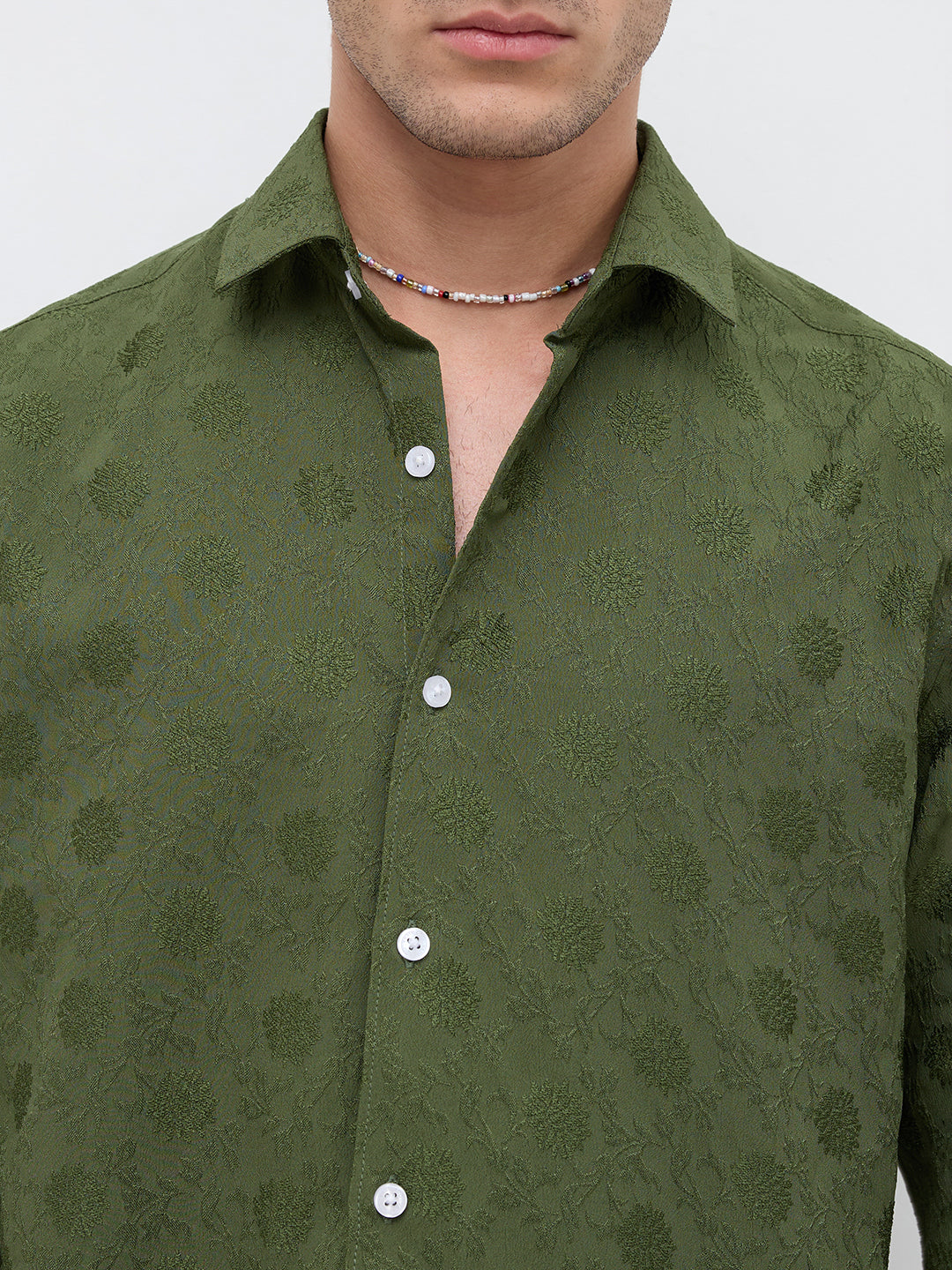 Refined Forest Green Floral Textured Shirt